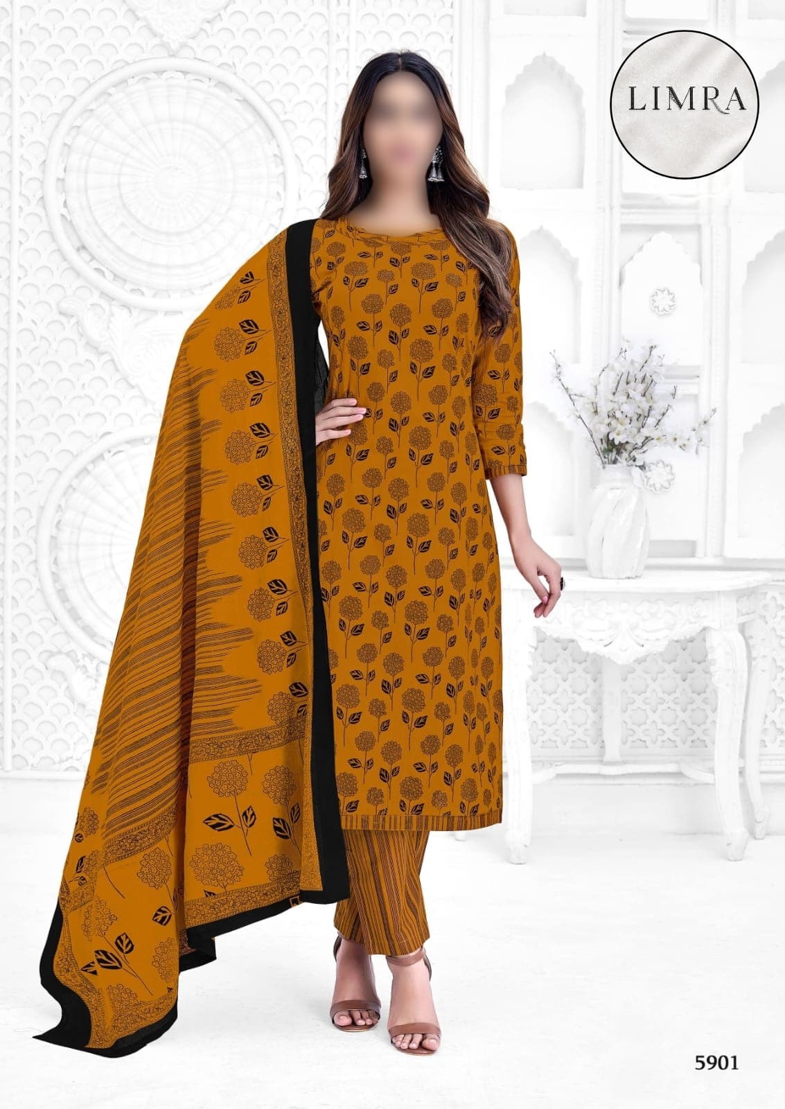 Mustard Yellow and Black Floral Printed Cotton Three-Piece Suit Set with Dupatta from Limra Clothing