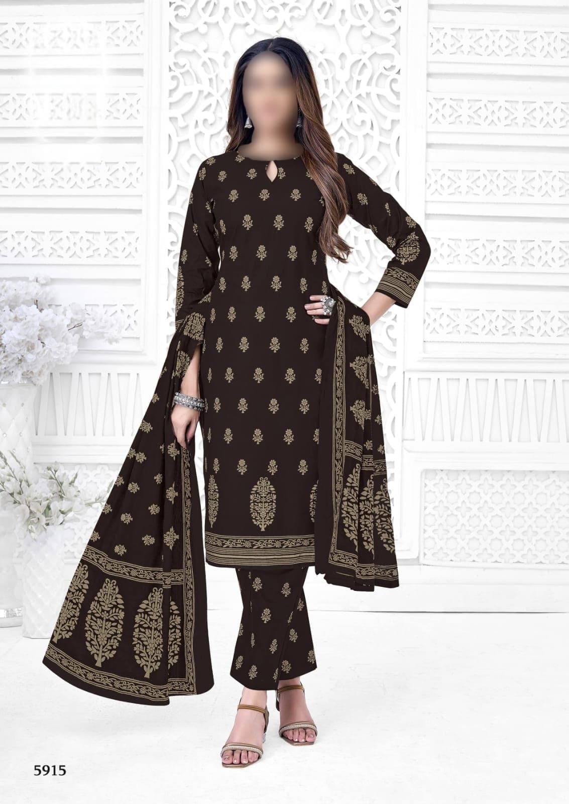 Dark Brown Gold-Print Kurti Set with Dupatta from Limra Clothing