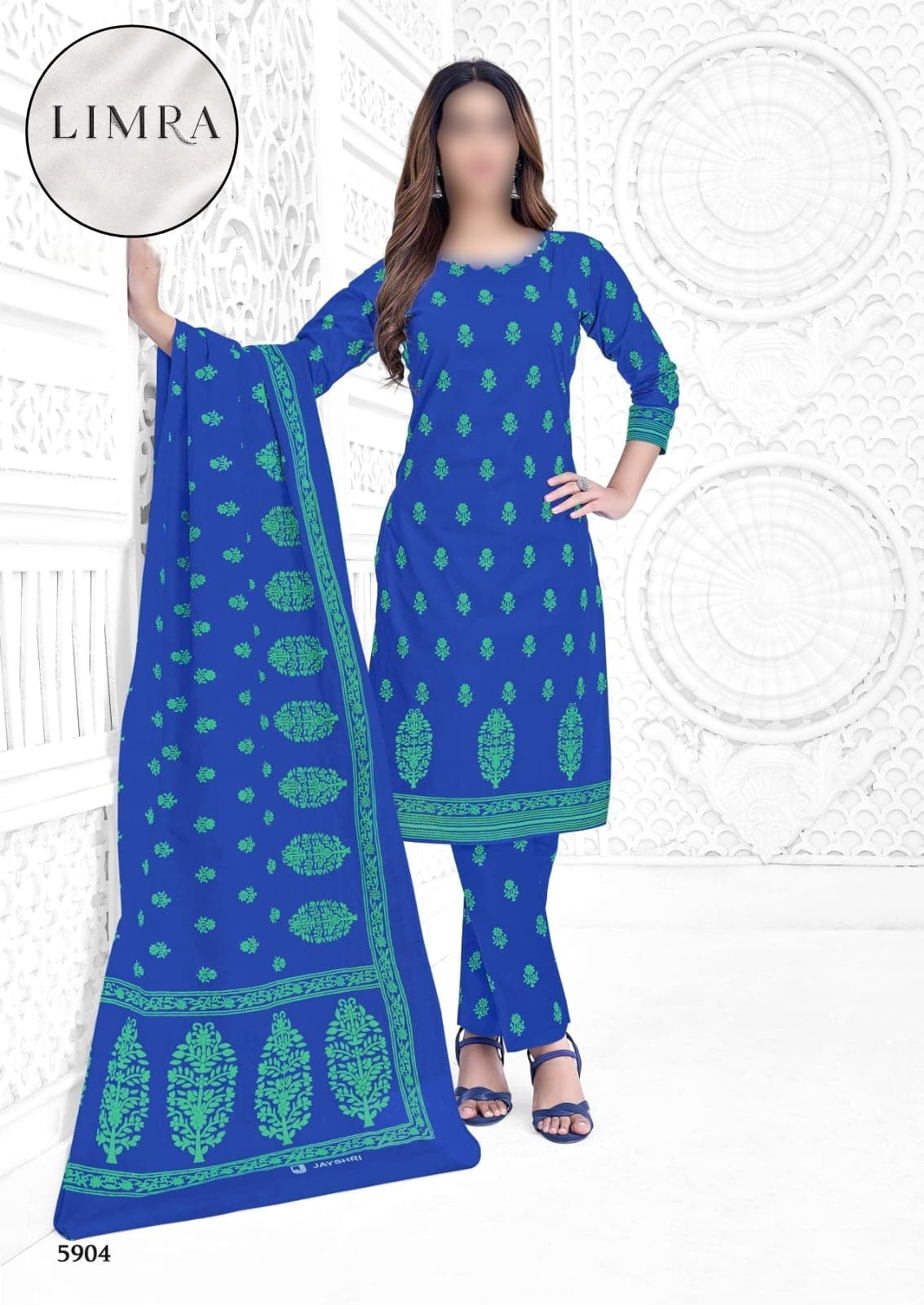 Royal Blue and Green Floral Printed Cotton Three-Piece Suit Set with Dupatta from Limra Clothing