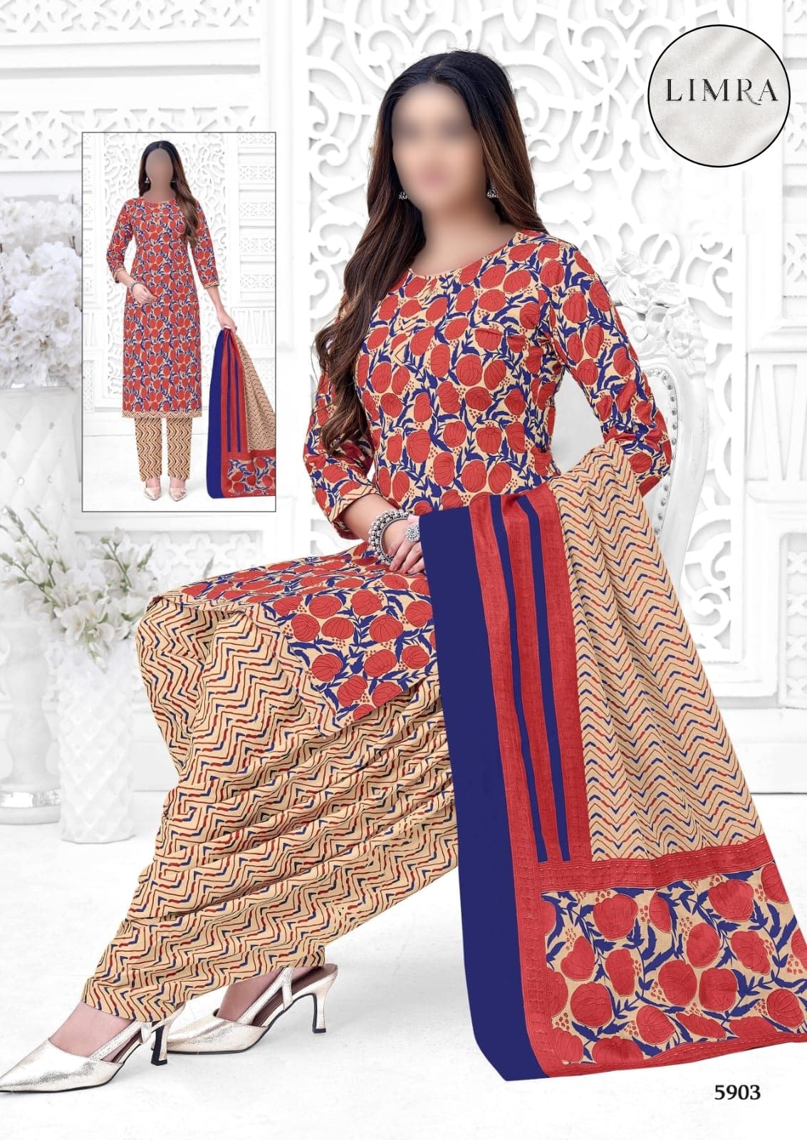 Red and Blue Floral Printed Cotton Three-Piece Suit Set with Dupatta from Limra Clothing